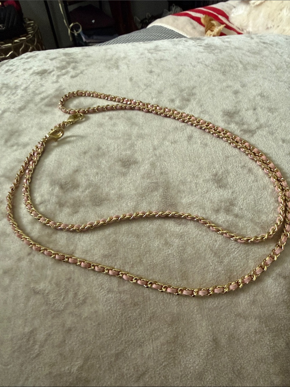 Gold-Tone purse chain with Pink Leather Weave. Or for phone